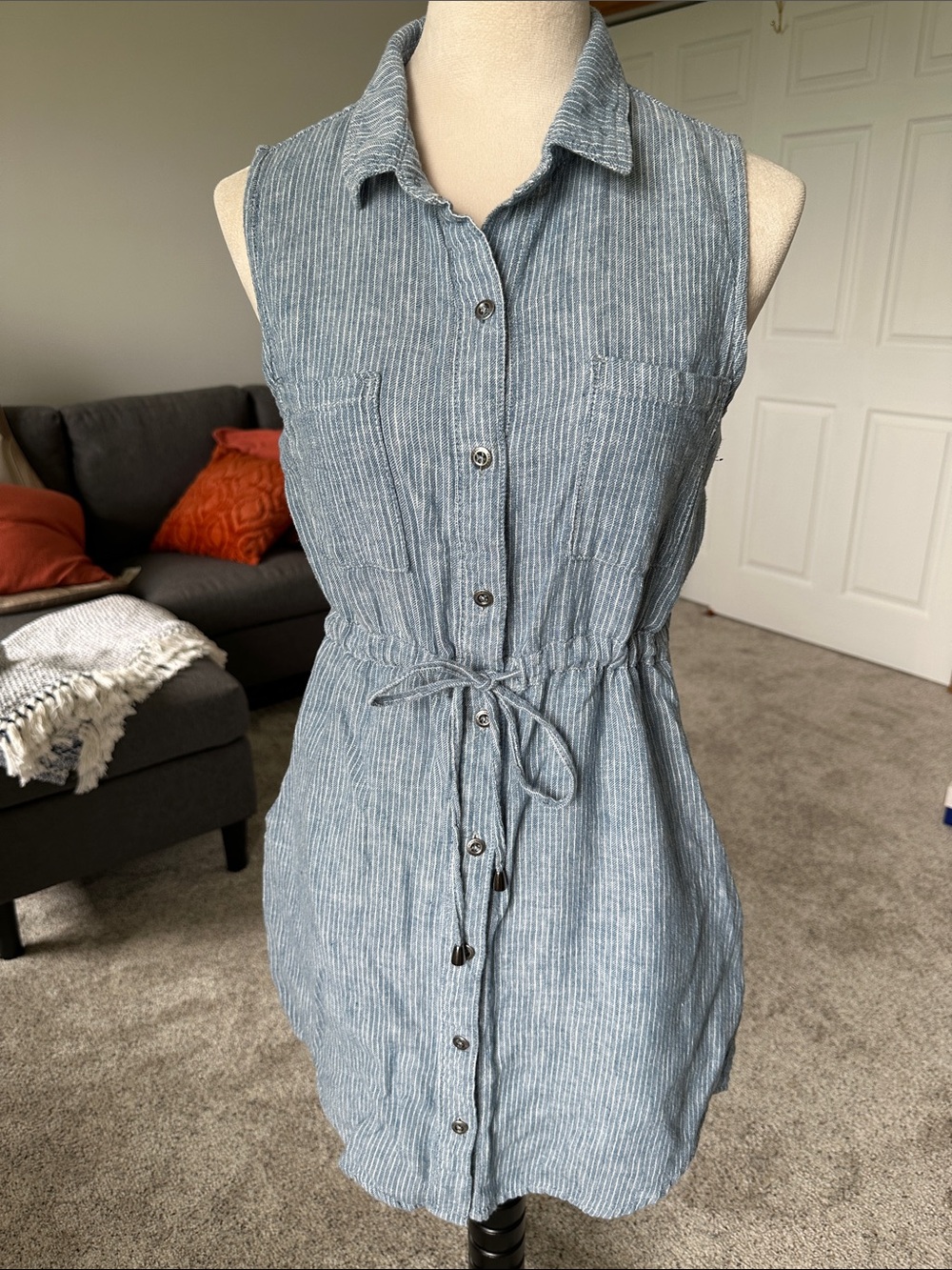 Max Jeans linen cotton blend shirt dress button front tie waist pockets size M